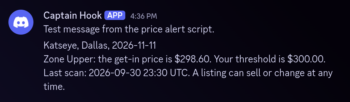 The test message and the alert message of the script in a Discord channel